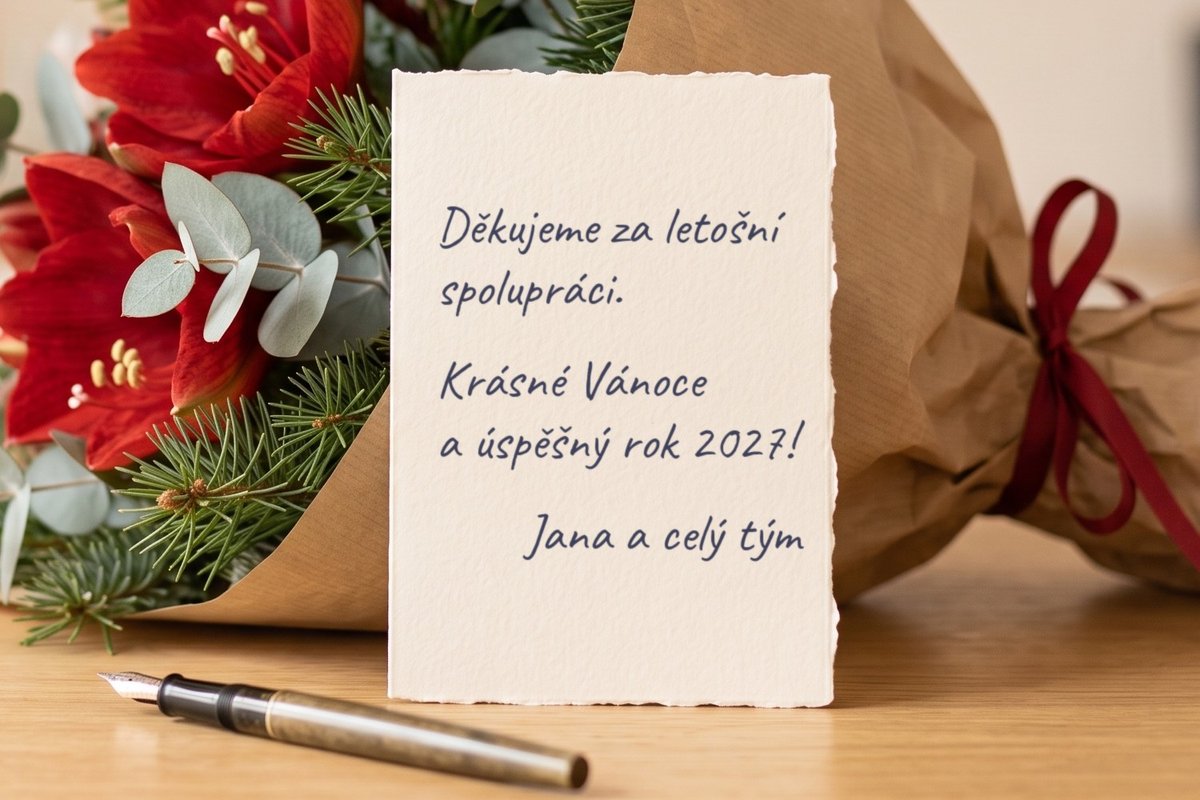 Ručně psaná kartička s vánočním poděkováním u kytice s amarylisem