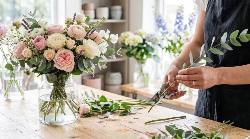 Floristka zastřihuje stonky květin u vázy s kyticí růží a eukalyptu