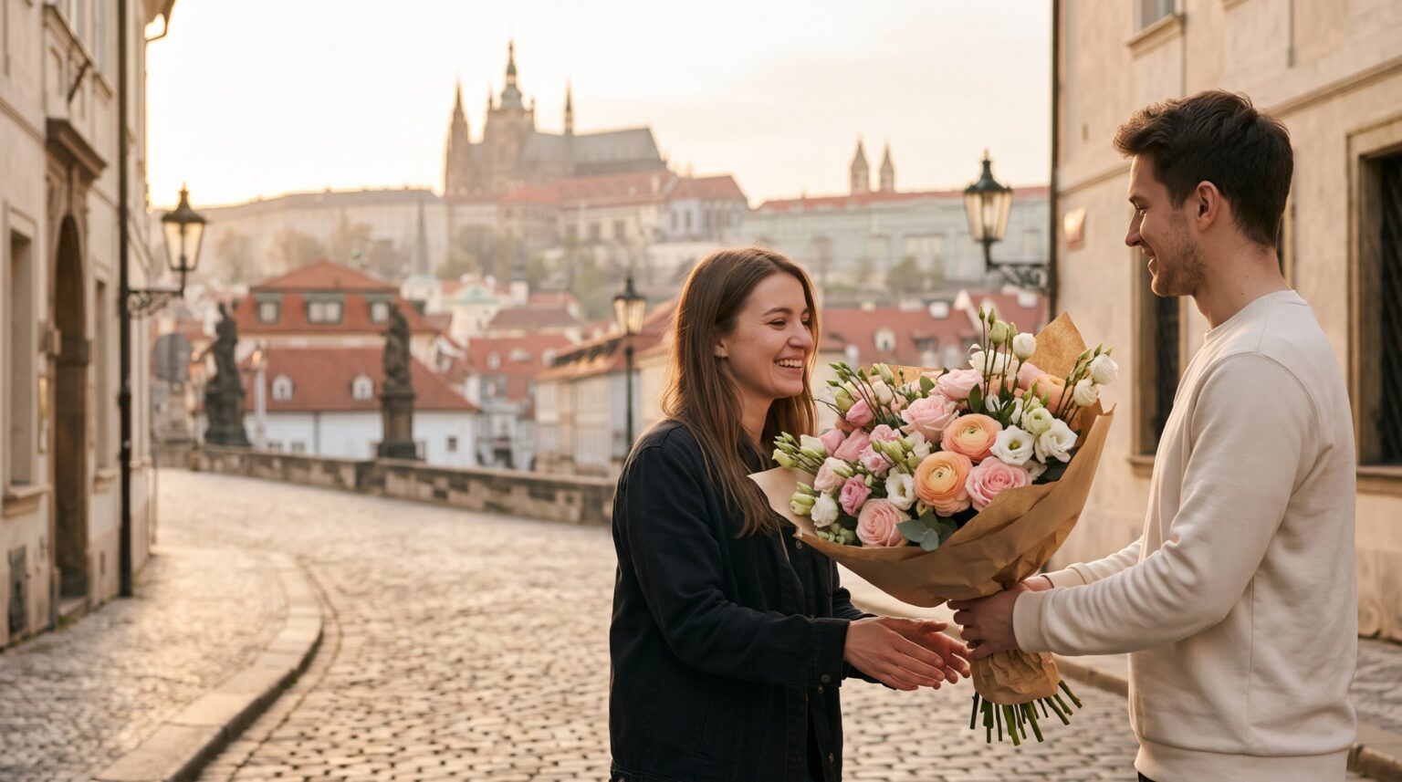 Kurýr předává kytici na dlážděné ulici v Praze, v pozadí Pražský hrad