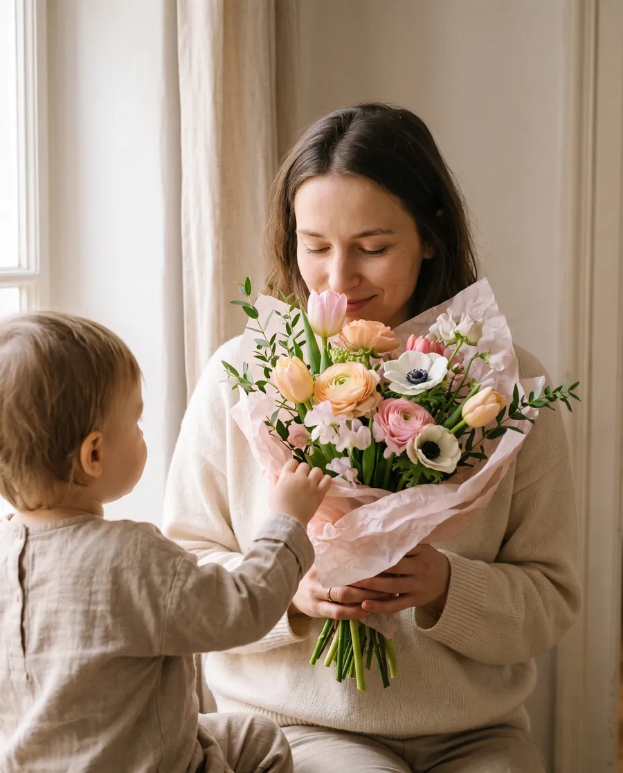 A young mother and her child smelling a spring bouquet of tulips, ranunculus and anemones