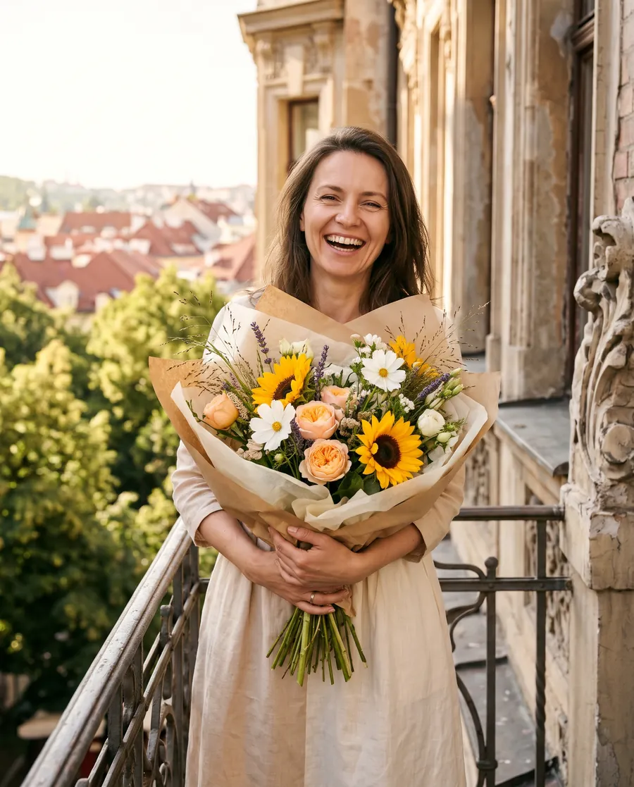 A laughing woman on a Prague balcony with a summer bouquet of sunflowers and roses