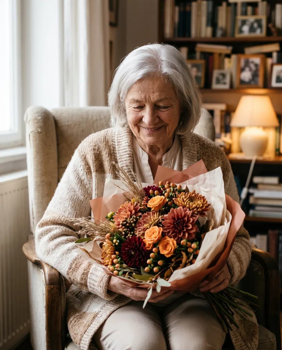 A grandmother in an armchair with an autumn bouquet of dahlias, chrysanthemums and roses