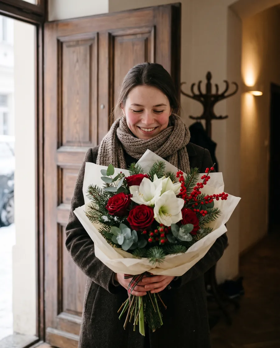 A young woman in a scarf with a Christmas bouquet of roses, amaryllis and fir