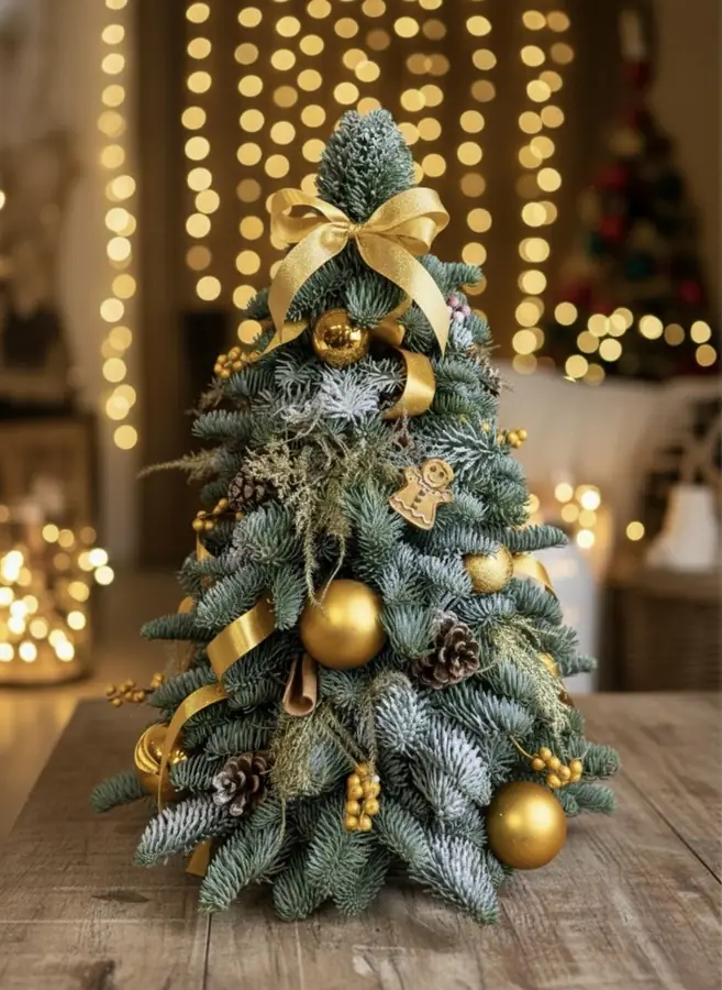 Tabletop noble fir Christmas tree with gold decorations