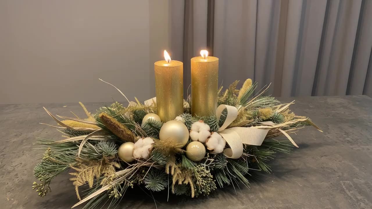 Christmas candle holder with two lit gold candles, cotton and gold baubles