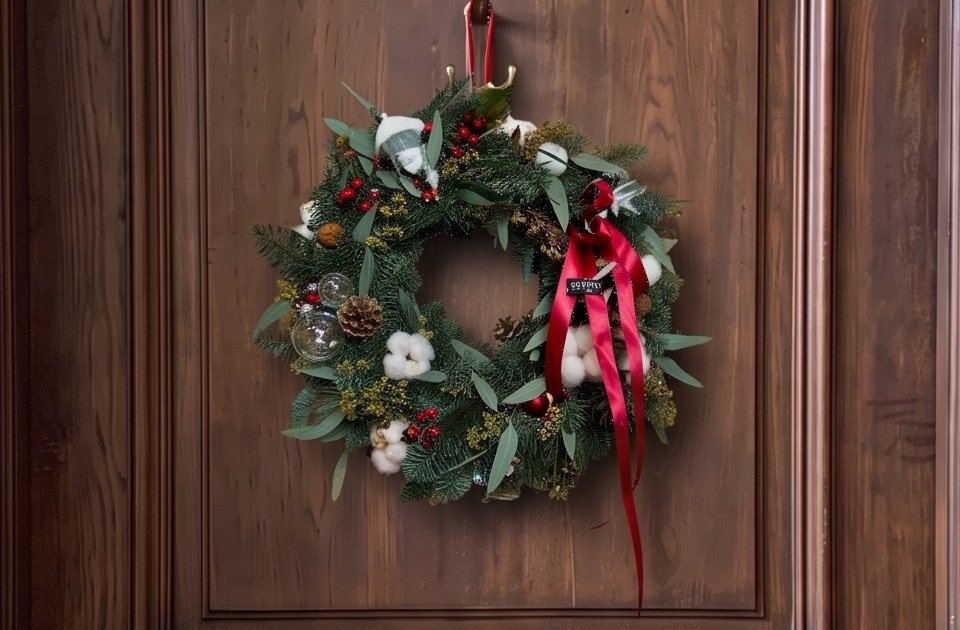 Noble fir Christmas wreath with cotton and a red ribbon on a wooden door